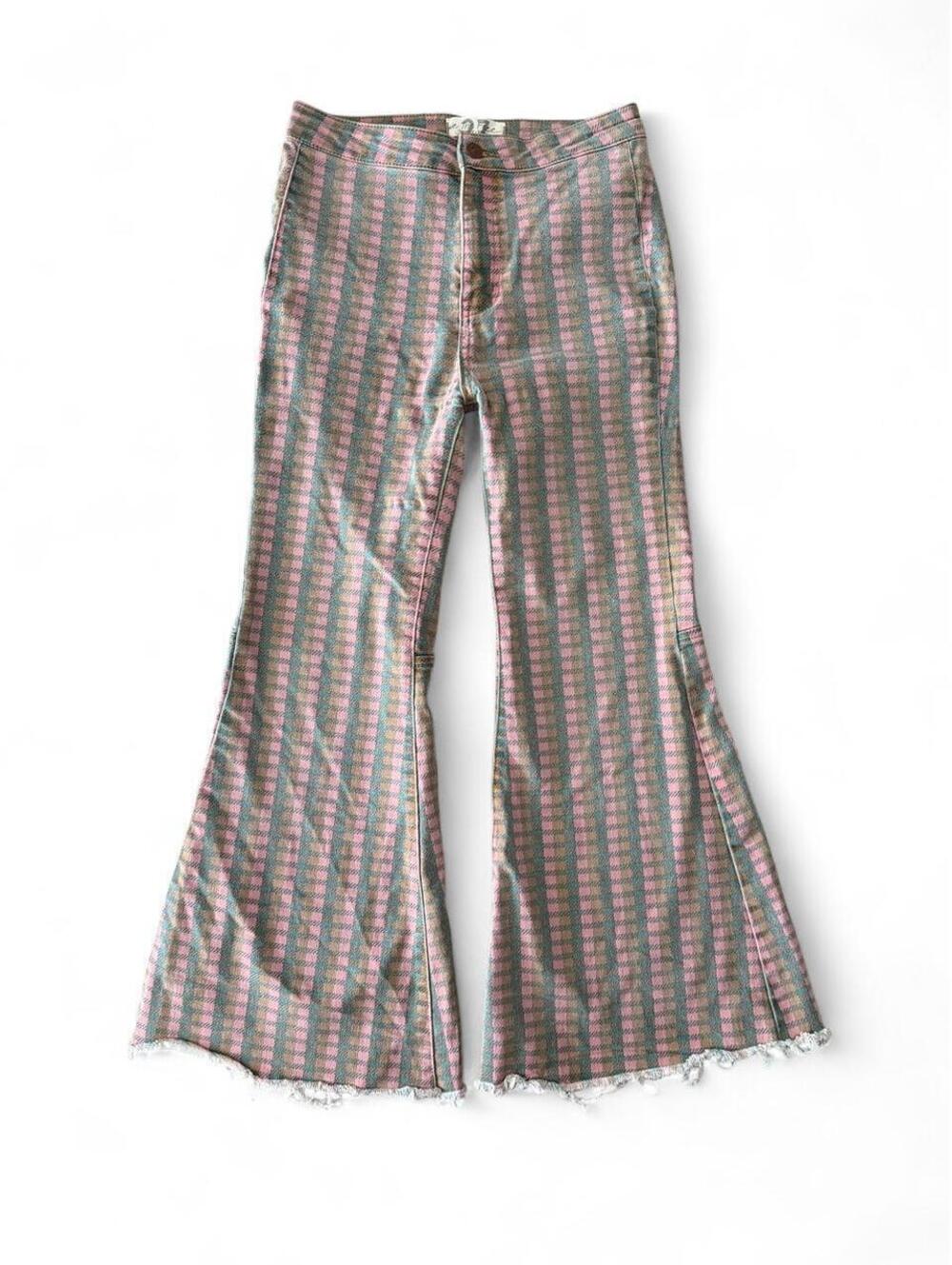 We The Free Pink Plaid Flare Jeans
